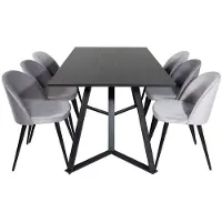Ebuy24 MarinaBLBL eethoek eetkamertafel zwart en 6 Velvet eetkamerstal velours lichtgrijs.