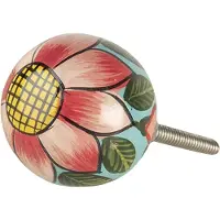 Clayre & Eef Deurknop 3x7 Cm Rood Roze Hout Rond Bloem Meubelknop Kastknop Rood Meubelknop Kastknop