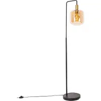 QAZQA Design vloerlamp zwart met messing en amber glas - Zuzanna