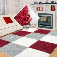 Muratap Basic shaggy geblokt vloerkleed rood / grijs hoogpolig- 120x170 cm