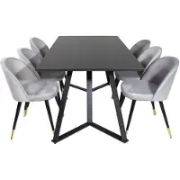 Ebuy24 MarinaBLBL eethoek eetkamertafel zwart en 6 Velvet eetkamerstal velours lichtgrijs.