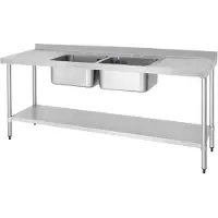 Vogue RVS Spoeltafel Dubbele Spoelbak Afdruiprek Links En Rechts 210x60cm - DY829 - Horeca & Professioneel - Horeca & Professioneel