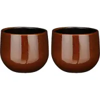Mica Decorations Plantenpot/bloempot - 2x stuks - terra bruin - D16/H14 cm - keramiek - speels licht gevlekt patroon