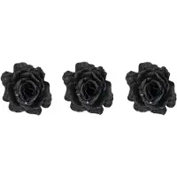 Cosy & Trendy 4x stuks decoratie bloemen roos zwart glitter op clip 10 cm - Kunstbloemen