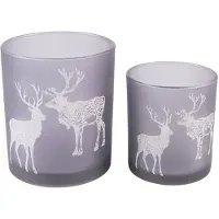 Clayre & Eef Theelichthouder Set van 2 Grijs Glas Rond Rendier Waxinelichthouder Grijs Waxinelichthouder