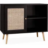 Sweeek Dressoir met 1 deur en plank houtdecor en rotan 80cm Zwart