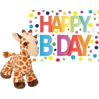 Wild republic Pluche dieren knuffel giraffe 18 cm met Happy Birthday wenskaart - Knuffeldier