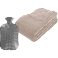 Atmosphera Fleece deken/plaid Beige 230 x 180 cm en een warmwater kruik 2 liter - Plaids