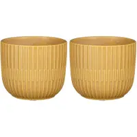 Mica Decorations 2x Stuks Plantenpot/bloempot keramiek mat okergeel stripes patroon - D10/H9 cm - Plantenpotten