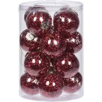 Merkloos Kerstballen - 16x- transparant met rood glitter - 8 cm - kunststof - Kerstbal