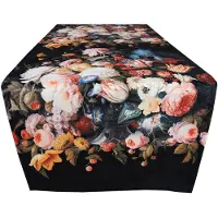Clayre & Eef Tafelloper 35x180 cm Zwart Rood Polyester Bloemen Tafelkleed Zwart Tafelkleed