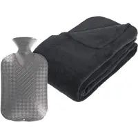 Atmosphera Fleece deken/plaid Antraciet grijs 230 x 180 cm en een warmwater kruik 2 liter - Plaids