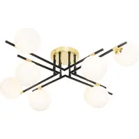 QAZQA Plafondlamp zwart met goud en opaal glas 8-lichts - Lynn