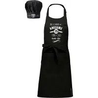 Kariban Cadeauset - Cadeauschort - Leeftijdcadeau - Tekstschort - Keukenschort - BBQ schort + koskmuts - zwart - bedrukt met Awesome - met de leeftijd - 75