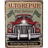 Clayre & Eef Tekstbord 20x25 cm Groen Rood Ijzer Auto Auto repair We are open today to help you Wandbord Groen