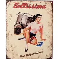 Clayre & Eef Tekstbord 20x25 cm Beige Ijzer Vrouw met scooter Bellissima From Italy with love Wandbord Beige Wandbord