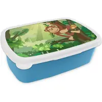 MuchoWow Broodtrommel Blauw - Lunchbox - Brooddoos - Aap - Jungle - Jongens - Meisjes - Bloemen - Kids - 18x12x6 cm - Kinderen - Jongen