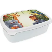 MuchoWow Broodtrommel Wit - Lunchbox - Brooddoos - Jungle - Jongens - Meiden - Baby - Olifant - Leeuw - Giraf - 18x12x6 cm - Volwassenen