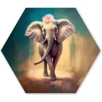 MuchoWow Hexagon wanddecoratie - Kunststof Wanddecoratie - Hexagon Schilderij - Olifant - Dieren - Verf - Bloemen - Portret - Kinderen - 120x103 cm