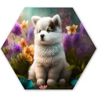 MuchoWow Hexagon wanddecoratie - Kunststof Wanddecoratie - Hexagon Schilderij - Puppy - Bloemen - Planten - Natuur - Husky - 75x65 cm
