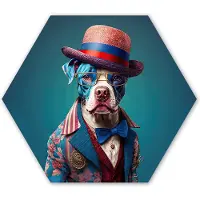 MuchoWow Hexagon wanddecoratie - Kunststof Wanddecoratie - Hexagon Schilderij - Hond - Hoed - Colbert - Bloemen - Blauw - 37x32 cm