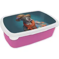 MuchoWow Broodtrommel Roze - Lunchbox - Brooddoos - Hond - Colbert - Bloemen - Hoed - Blauw - 18x12x6 cm - Kinderen - Meisje