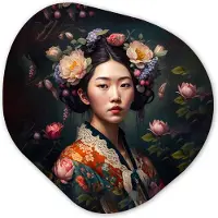 MuchoWow Organische wanddecoratie 40x40 cm - Organisch schilderij Vrouw - Bloemen - Kimono - Portret - Asian - Muurdecoratie woonkamer - Kamer decoratie - Schilderijen - Muurcirkel aesthetic