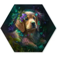 MuchoWow Hexagon wanddecoratie - Kunststof Wanddecoratie - Hexagon Schilderij - Hond - Puppy - Bloemen - Natuur - Golden retriever - 37x32 cm