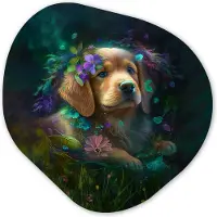 MuchoWow Organische wanddecoratie 60x60 cm - Organisch schilderij Hond - Puppy - Bloemen - Natuur - Golden retriever - Muurdecoratie woonkamer - Kamer decoratie - Schilderijen - Muurcirkel aesthetic
