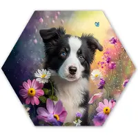 MuchoWow Hexagon wanddecoratie - Kunststof Wanddecoratie - Hexagon Schilderij - Hond - Bloemen - Natuur - Puppy - Bordercollie - 120x103 cm