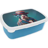 MuchoWow Broodtrommel Blauw - Lunchbox - Brooddoos - Hond - Hoed - Colbert - Bloemen - Blauw - 18x12x6 cm - Kinderen - Jongen
