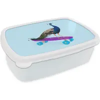 MuchoWow Broodtrommel Wit - Lunchbox - Brooddoos - Pauw - Blauw - Skateboard - Dieren - Grappig - 18x12x6 cm - Volwassenen