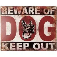 Clayre & Eef Tekstbord 25x20 cm Rood Beige Ijzer Hond Beware of dog Keep out Wandbord Rood Wandbord