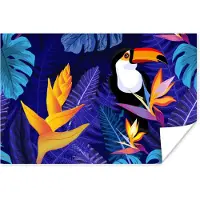 PosterMonkey Poster Jungle - Toekan - Bloemen - Planten - Kinderen - Paars - Dieren - 90x60 cm - Poster Meisjeskamer - Poster Kinderkamer Meisje