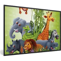 PosterMonkey Fotolijst incl. Poster - Jungle dieren - Planten - Kinderen - Olifant - Giraf - Leeuw - 60x40 cm - Posterlijst