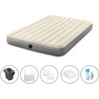 Intex luchtbed - 2 personen - 152 x 203 x 25 cm - Beige + elektrische pomp - 650 liter/minuut + hoeslaken wit + kussen + molton 2-in-1 kussenslopen + reparatieset
