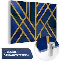 MuchoWow Glasschilderij 60x40 cm - Schilderij acrylglas - Goud - Blauw - Patroon - Foto op glas - Schilderijen
