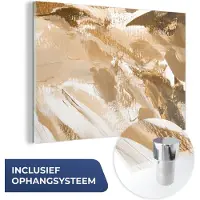 MuchoWow Glasschilderij 60x40 cm - Schilderij acrylglas - Goud - Beige - Abstract - Foto op glas - Schilderijen