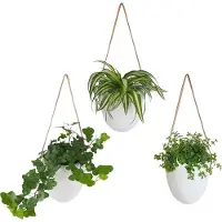 GADGY Plantenhanger Keramiek – Set van 3 – Wit Steen- Hangpot – Hangende Bloempot Plantenpot - met 3 verschillende Koorden – 12 x 11 x 9.5 cm