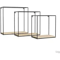 GADGY Wandrekken Industrieel - Set van 3 - Vierkant Wandrek Zwart - Wanddecoratie Woonkamer - Muurdecoratie Hout - Wandplank zwevend voor Slaapkamer - 32, 27 en 22 cm