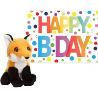 Keel Toys Pluche dieren knuffel rode vos 12 cm met Happy Birthday wenskaart - Knuffeldier
