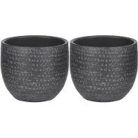 Mica Decorations 2x stuks plantenpot/bloempot zwart met flakes patroon - D14/H12 cm - Plantenpotten