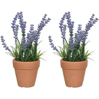 Everlands 2x lavendel kunstplant in terracotta pot - lila paars - D6 x H18 cm - Kunstplanten