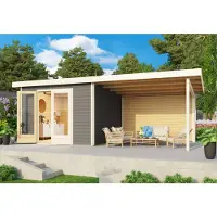 Karibu tuinhuis, tuinhuis Radeburg 1, set met 3,3 meter breed uitbouwdak en achterwand, onbehandeld hout, afmetingen 604x309x229,5 cm