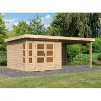 Karibu tuinhuis, tuinhuisje, model Kastorf 6, in een set met een aanbouwdak, breedte 3,2 meter, achterwand van 28 mm, onbehandeld hout, afmetingen 565x274x222 cm