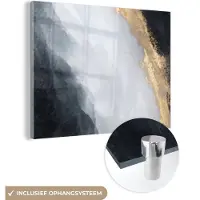 MuchoWow Glasschilderij 160x120 cm - Schilderij acrylglas - Abstract - Verf - Goud - Zwart - Marmer - Foto op glas - Muurdecoratie woonkamer - Wanddecoratie slaapkamer - Schilderijen