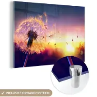 MuchoWow Glasschilderij - Schilderij bloemen - Paardenbloem - Bloemen - Zonsondergang - Natuur - Acrylglas - Wanddecoratie natuur - Foto op glas - Glazen schilderij - 90x60 cm - Schilderijen woonkamer