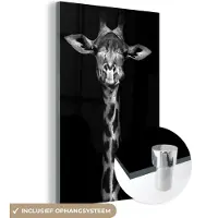 MuchoWow Glasschilderij - Foto op glas - Wilde dieren - Giraffe - Zwart - Wit - 100x150 cm - Acrylglas - Wanddecoratie glas - Glasschilderij giraffe - Woondecoratie - Glasschilderij dieren