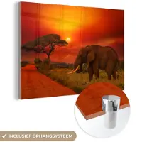 MuchoWow Glasschilderij - Olifant - Zon - Savanne - Natuur - Muurdecoratie - Schilderij glas - Acrylglas - 120x80 cm - Wanddecoratie - Foto op glas