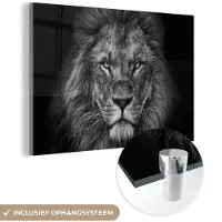 MuchoWow Glasschilderij leeuw - Zwart - Wit - Dieren - Foto op glas - Wanddecoratie glas - 150x100 cm - Woondecoratie - Schilderij glas - Muurdecoratie woonkamer - Glasplaat